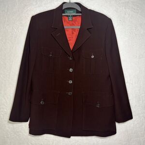 14 Lauren Ralph Lauren Blazer Jacket Womens Maroon Worsted Wool Flap Pockets